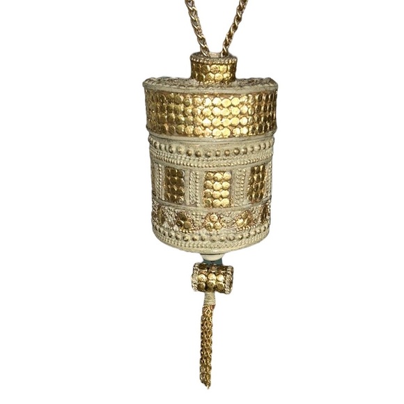 Vintage Handmade Ivory Metallic Gold Wood Curved Box Chain Tassel Crossbody - Picture 2 of 11